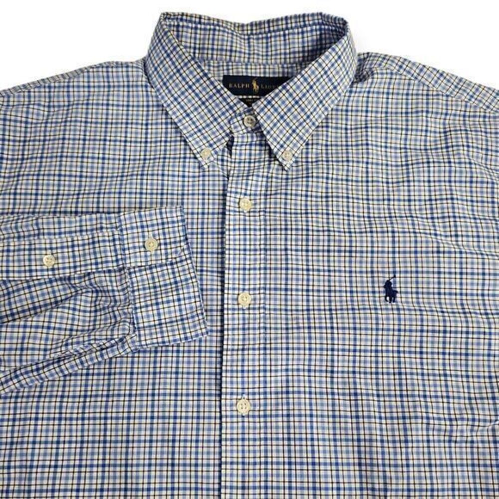 Ralph Lauren 100% Cotton Stretch XXL 2XL Long Sleeve Blue, White Checkered Shirt